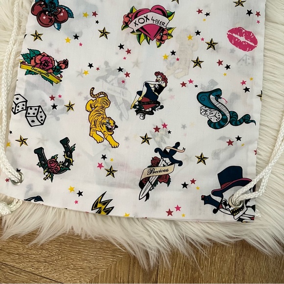 Vintage Betsey Johnson Betseyville Tattoo Art Drawstring Backpack - Picture 2 of 5